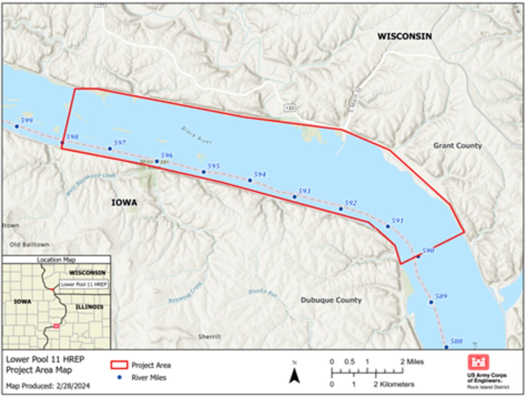 A map showing the project area for the Lower Pool 11 Habitat Rehabilitation and Enhancement Project