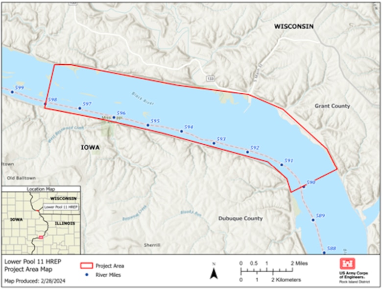 A map showing the project area for the Lower Pool 11 Habitat Rehabilitation and Enhancement Project