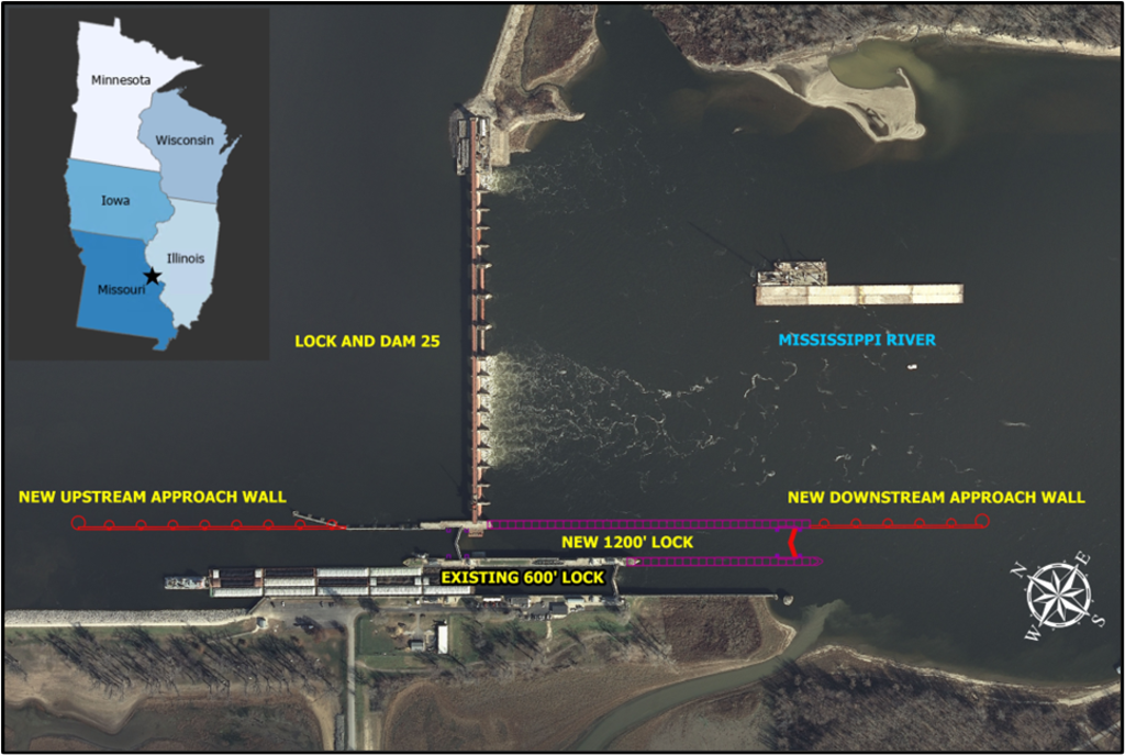 A graphic showing the location of the new Lock and Dam 25 1200-foot Lock.