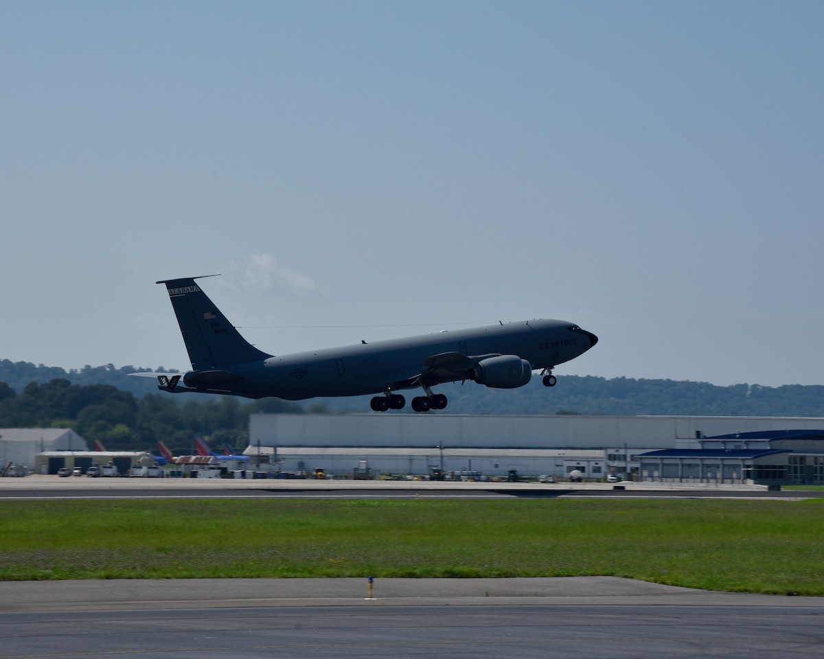 A U.S. Air Force KC-135 Stratotanker belonging to the 117th Air Refueling Wing takes off from Sumpter Smith Joint National Guard Base, Alabama, August 6, 2023. The 117 ARW’s mission is to provide quality worldwide air refueling, airlift, support, logistics, intelligence, and medical services in support of the greater Birmingham community, the state of Alabama, and the nation. (U.S. Air National Guard photo by Staff Sgt. Shelby Thurman)