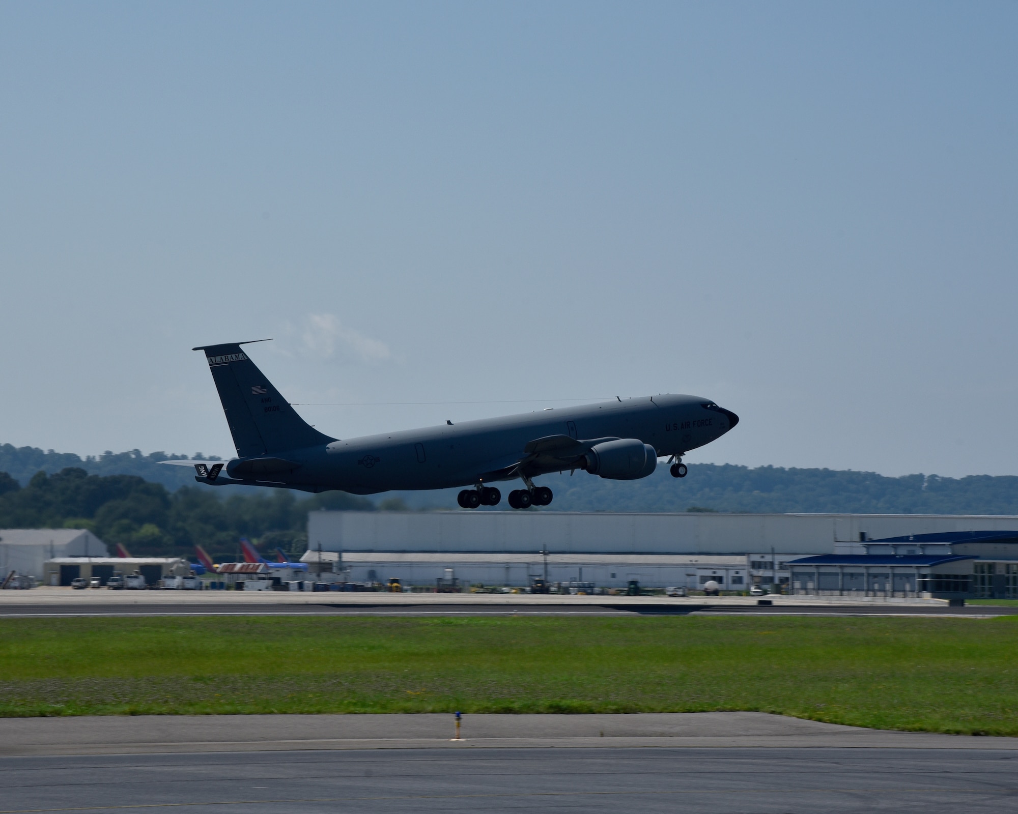 A U.S. Air Force KC-135 Stratotanker belonging to the 117th Air Refueling Wing takes off from Sumpter Smith Joint National Guard Base, Alabama, August 6, 2023. The 117 ARW’s mission is to provide quality worldwide air refueling, airlift, support, logistics, intelligence, and medical services in support of the greater Birmingham community, the state of Alabama, and the nation. (U.S. Air National Guard photo by Staff Sgt. Shelby Thurman)