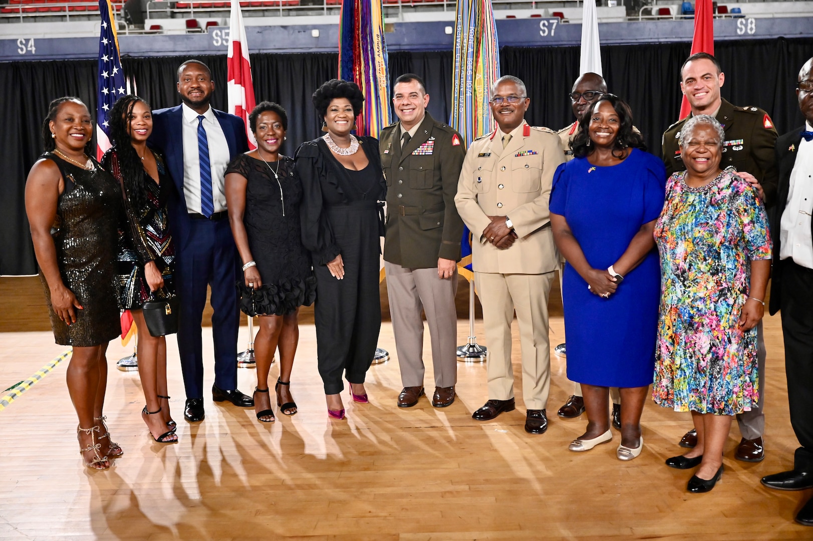 Maj. Gen. John C. Andonie, Commanding General (Interim), D.C. National Guard, welcomes Brigadier Markland Lloyd, Force Executive Officer (FXO), Jamaica Defence Force; Warrant Officer Class One (WO1) Michael Moulton, Force Sergeant Major (FSM), and Brigadier Ricardo Blidgen, Brigade Commander for the Jamaican National Reserve (JNR) during the Commanding General’s Reception at the D.C. Armory, Oct. 5, 2024. The reception honored a 25-year State Partnership Program pairing and was attended by current and former State Partnership Program directors, the Embassy of Jamaica, city government and others who contributed to the quarter-century milestone.