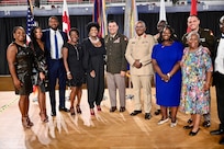 Maj. Gen. John C. Andonie, Commanding General (Interim), D.C. National Guard, welcomes Brigadier Markland Lloyd, Force Executive Officer (FXO), Jamaica Defence Force; Warrant Officer Class One (WO1) Michael Moulton, Force Sergeant Major (FSM), and Brigadier Ricardo Blidgen, Brigade Commander for the Jamaican National Reserve (JNR) during the Commanding General’s Reception at the D.C. Armory, Oct. 5, 2024. The reception honored a 25-year State Partnership Program pairing and was attended by current and former State Partnership Program directors, the Embassy of Jamaica, city government and others who contributed to the quarter-century milestone.