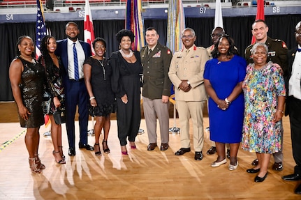 Maj. Gen. John C. Andonie, Commanding General (Interim), D.C. National Guard, welcomes Brigadier Markland Lloyd, Force Executive Officer (FXO), Jamaica Defence Force; Warrant Officer Class One (WO1) Michael Moulton, Force Sergeant Major (FSM), and Brigadier Ricardo Blidgen, Brigade Commander for the Jamaican National Reserve (JNR) during the Commanding General’s Reception at the D.C. Armory, Oct. 5, 2024. The reception honored a 25-year State Partnership Program pairing and was attended by current and former State Partnership Program directors, the Embassy of Jamaica, city government and others who contributed to the quarter-century milestone.