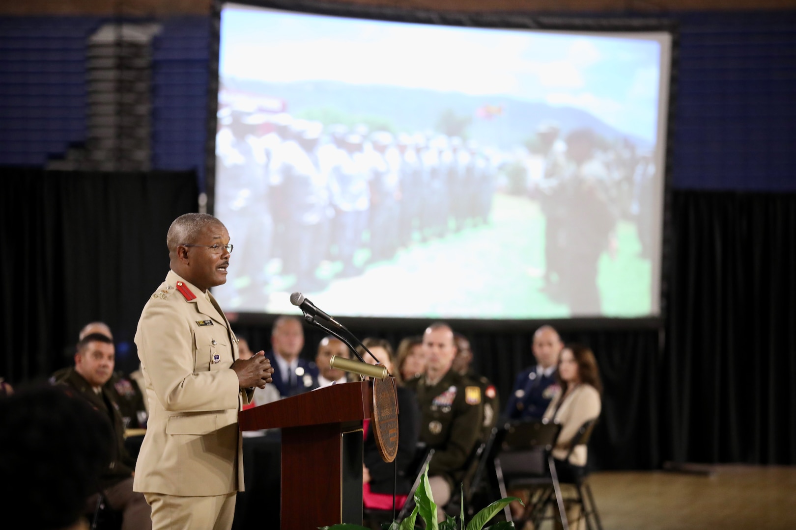 Maj. Gen. John C. Andonie, Commanding General (Interim), D.C. National Guard, welcomes Brigadier Markland Lloyd, Force Executive Officer (FXO), Jamaica Defence Force; Warrant Officer Class One (WO1) Michael Moulton, Force Sergeant Major (FSM), and Brigadier Ricardo Blidgen, Brigade Commander for the Jamaican National Reserve (JNR) during the Commanding General’s Reception at the D.C. Armory, Oct. 5, 2024. The reception honored a 25-year State Partnership Program pairing and was attended by current and former State Partnership Program directors, the Embassy of Jamaica, city government and others who contributed to the quarter-century milestone.