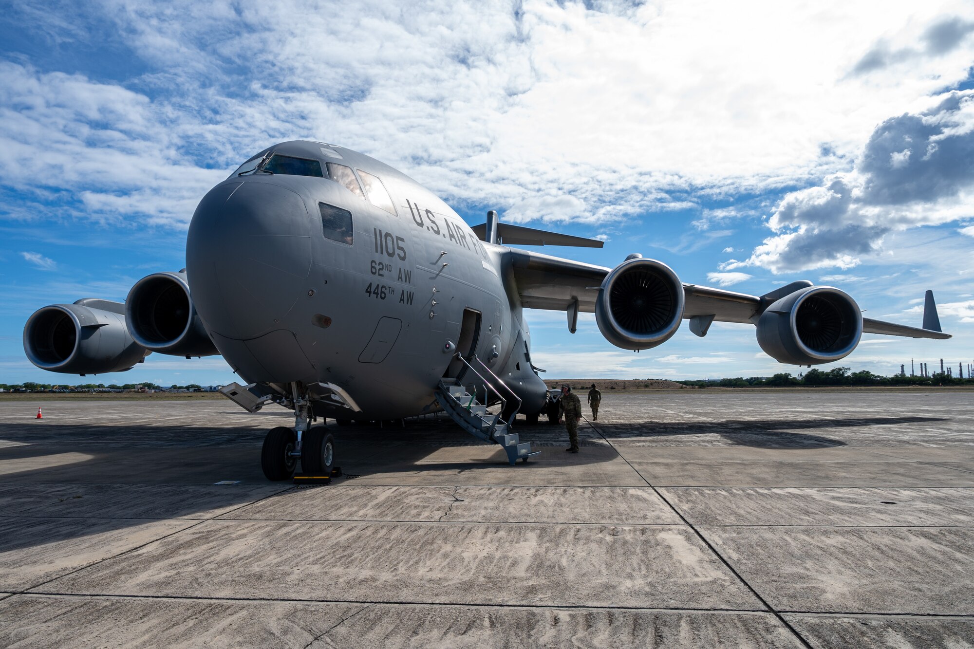 A C-17 Globemaster III is shown on the Kalaeloa, Hawaii, flightline Oct. 4, 2024, during Exercise Rainier War 25A.