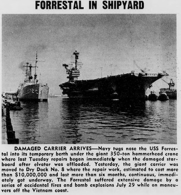 USS Forrestal (CVA-59) arrives at Norfolk Naval Shipyard in September 1967.