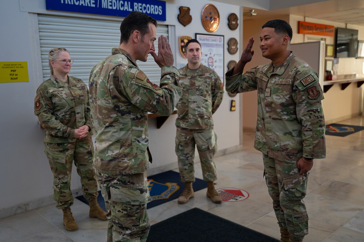 U.S. Air Force Maj. Gen. Paul Moga, Third Air Force commander, recognizes a superior performer, U.S. Air Force Senior Airman Carl Mata, an Airman assigned to the 39th Medical Group, at Incirlik Air Base, Türkiye, Oct. 3, 2024. The leadership team had a chance to meet with Airmen, observe ongoing operations and gain a better understanding of the challenges and successes of the wing’s mission. (U.S. Air Force photo by Staff Sgt. Suzie Plotnikov)