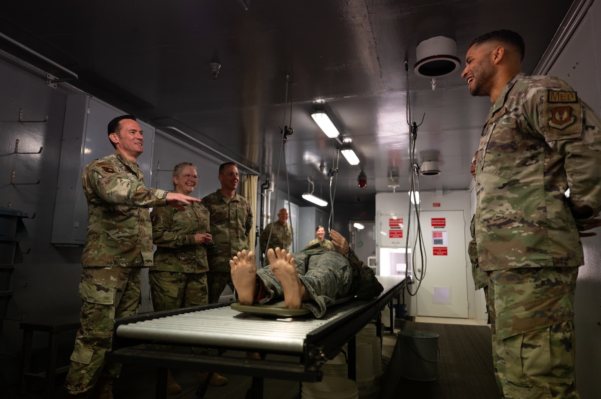 Third Air Force leadership receive a briefing about the 39th Medical Group’s decontamination station at Incirlik Air Base, Türkiye, Oct. 3, 2024. The command team received briefings on the wing’s role in supporting humanitarian and contingency operations, underscoring the importance of Incirlik as a critical hub for regional and global missions. (U.S. Air Force photo by Staff Sgt. Suzie Plotnikov)