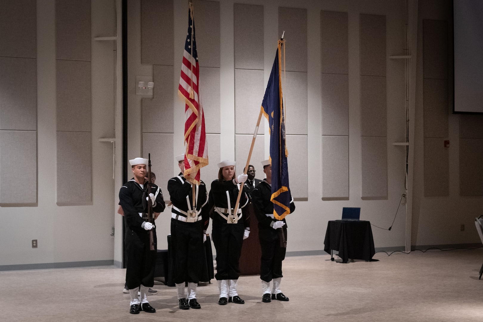 The Naval Health Clinic Cherry Point honor guard presents the National Colors at the clinic’s Navy Ball on Friday, October 4, 2024 at the Havelock Convention Center, Havelock North Carolina.  Sailors, Marines and civilians serving aboard Marine Corps Air Station Cherry Point gathered for the formal to celebrate the 249th birthday of the U.S. Navy.