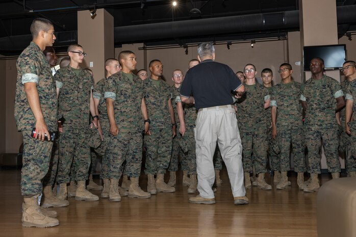 New Marines with Bravo Company, 1st Recruit Training Battalion, learn about the history of the Marine Corps during their visit to the Marine Corps Recruit Depot San Diego Command Museum at MCRD San Diego, California, Oct 2, 2024. The MCRD Command Museum opened its doors in 1987 and is focused on the history of the Marine Corps throughout the 20th and 21st centuries. (U.S. Marine Corps photo by Lance Cpl. Janell B. Alvarez)