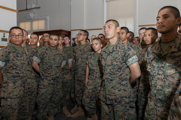 New Marines with Bravo Company, 1st Recruit Training Battalion, learn about the history of the Marine Corps during their visit to the Marine Corps Recruit Depot San Diego Command Museum at MCRD San Diego, California, Oct 2, 2024. The MCRD Command Museum opened its doors in 1987 and is focused on the history of the Marine Corps throughout the 20th and 21st centuries. (U.S. Marine Corps photo by Lance Cpl. Janell B. Alvarez)