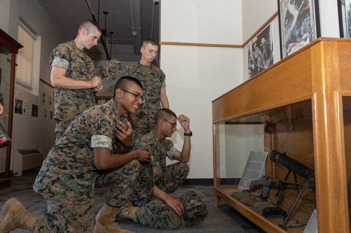 New Marines with Bravo Company, 1st Recruit Training Battalion, learn about the history of the Marine Corps during their visit to the Marine Corps Recruit Depot San Diego Command Museum at MCRD San Diego, California, Oct 2, 2024. The MCRD Command Museum opened its doors in 1987 and is focused on the history of the Marine Corps throughout the 20th and 21st centuries. (U.S. Marine Corps photo by Lance Cpl. Janell B. Alvarez)