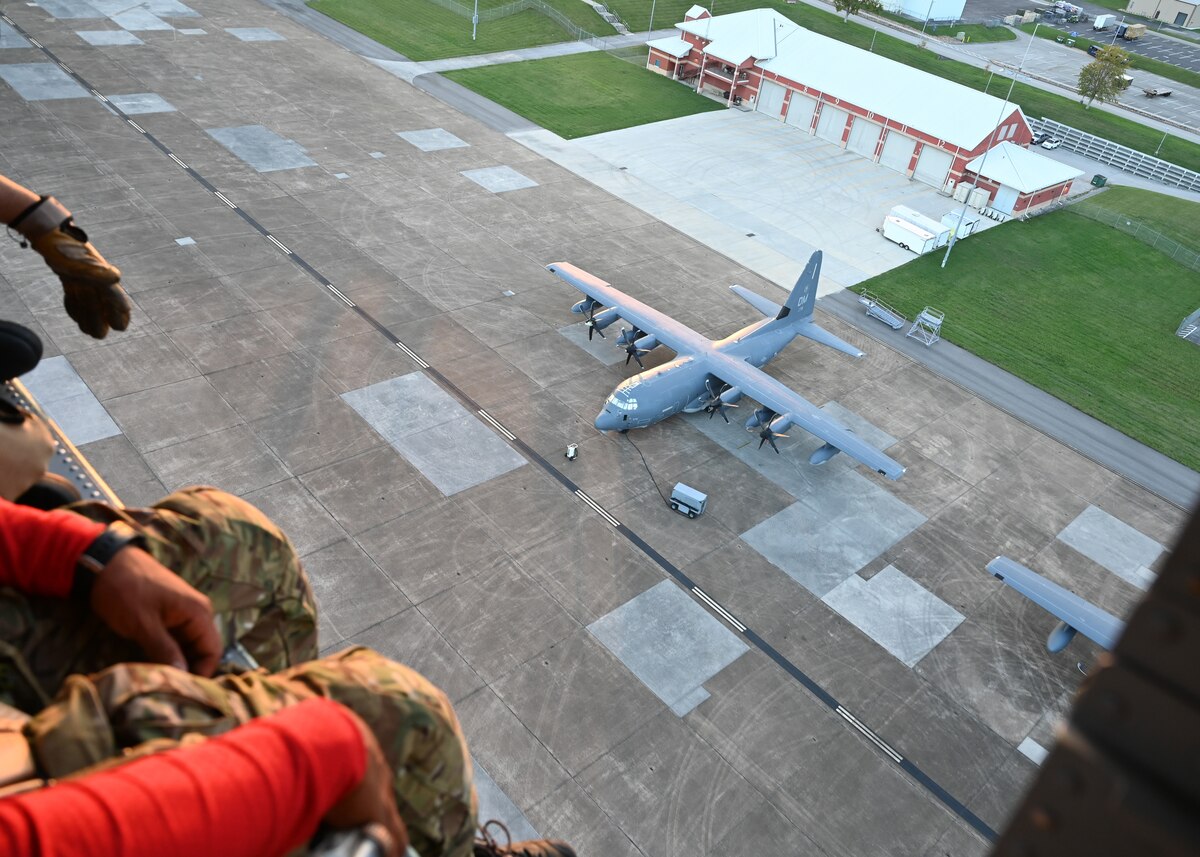 An HC-130J Combat King II aircraft assigned to the 79th Rescue Squadron, forward deployed in the 563rd Personnel Recovery Task Force, is on the flightline at McGhee Tyson Air National Guard Base, Tennessee, Oct. 2, 2024. Rescue assets from Davis-Monthan Air Force Base, Arizona were on standby to conduct rescue and recovery operations to serve residents impacted by Hurricane Helene. (U.S. Air Force photo by Staff Sgt. Abbey Rieves)