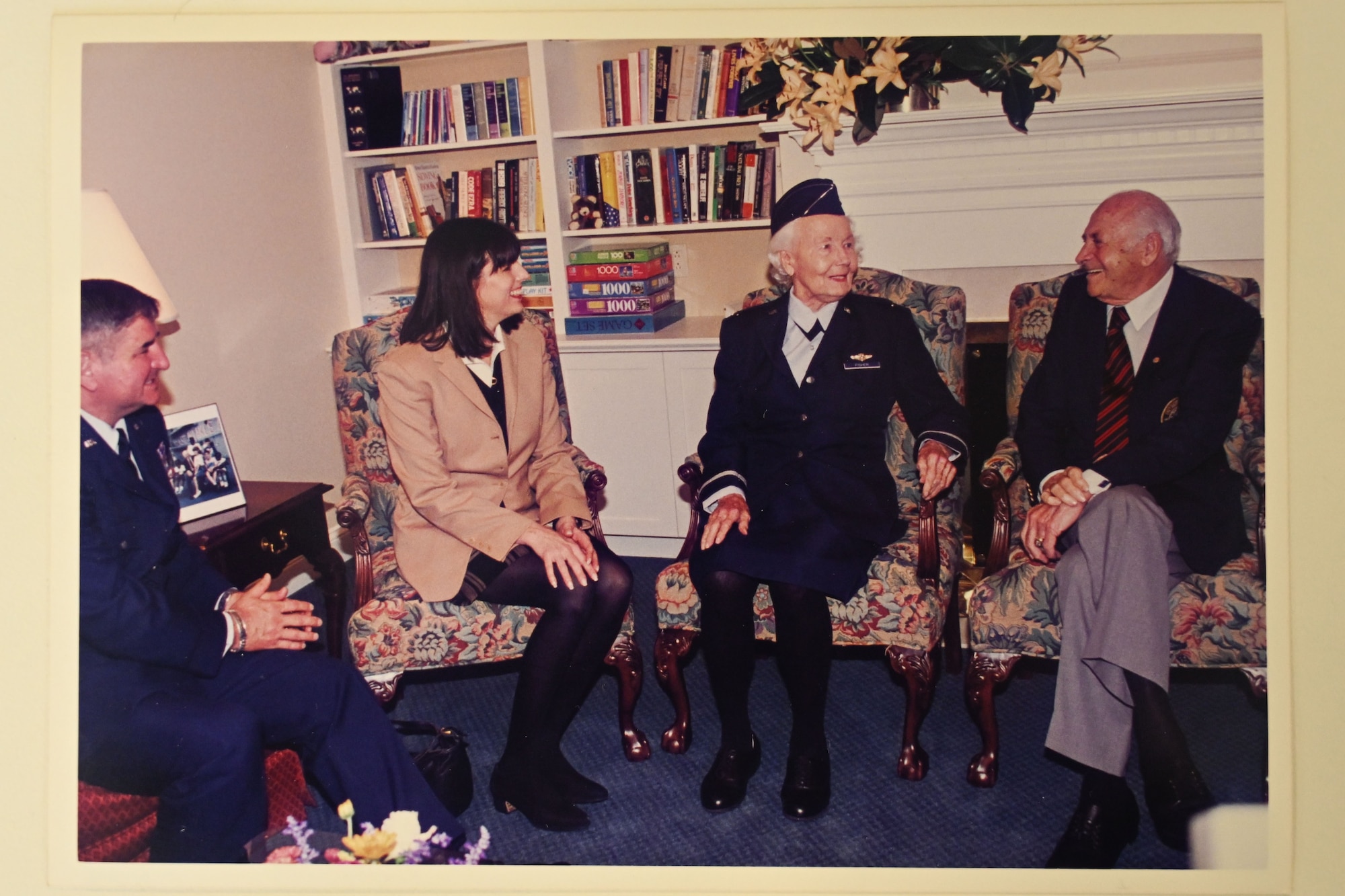 Zachary and Elizabeth Fisher, right, converse during the Fisher House formal opening ceremony at Andrews Air Force Base, Md., Sep. 26, 1994. Elizabeth Fisher wore an honorary colonel uniform in recognition of her role as an honorary commander, symbolizing her commitment to the military community. (Courtesy Photo)