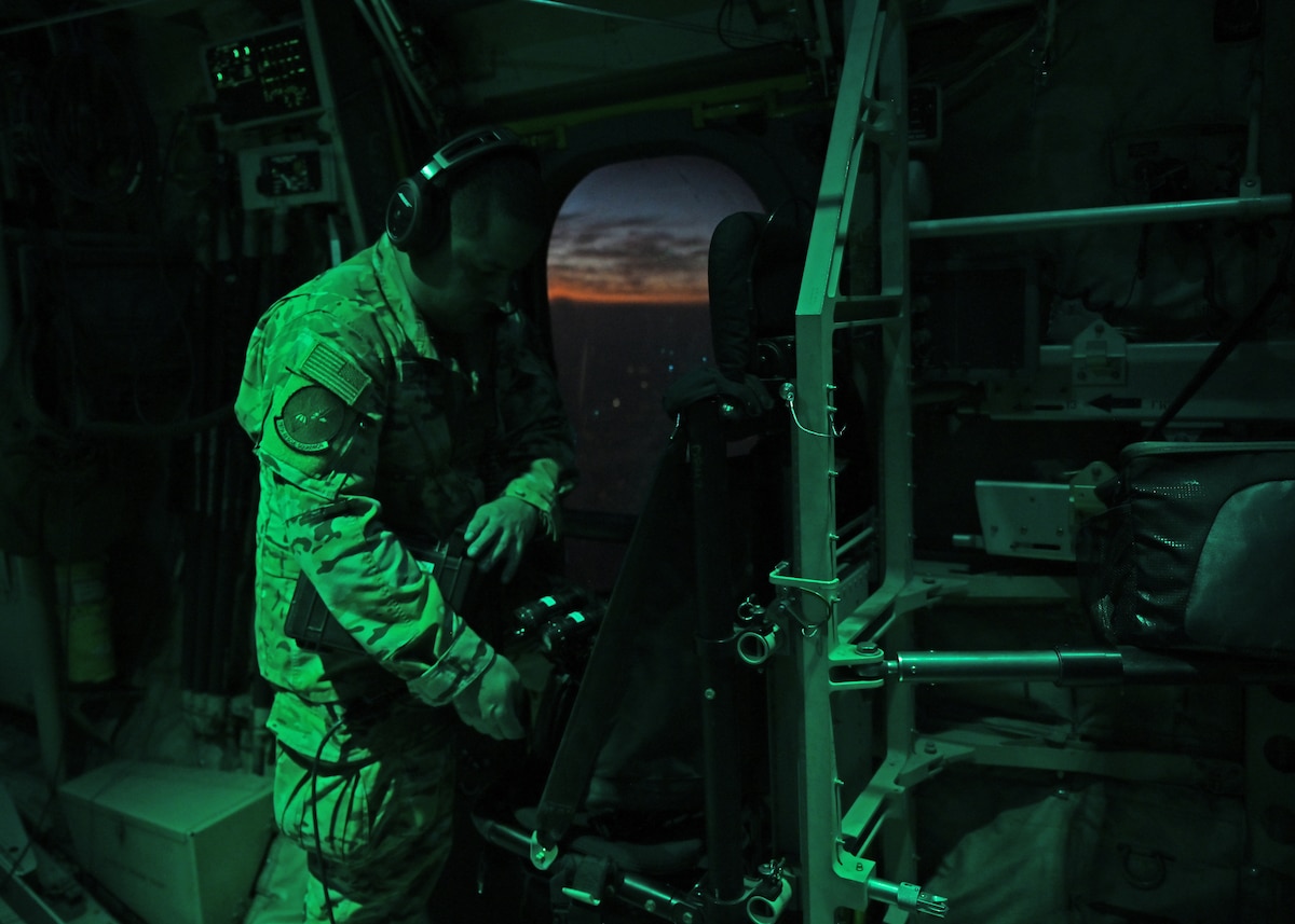 U.S. Air Force Staff Sgt. Bruno Ruizcamacho, 79th Rescue Squadron loadmaster, forward deployed in the 563rd Personnel Recovery Task Force, prepares for a hot refuel in North Carolina, Oct. 3, 2024, in support of the U.S. Northern Command and Air Forces Northern, Defense Support of Civil Authorities Disaster Relief mission. Crew members assisted search and rescue efforts and provided supporting assets. (U.S. Air Force photo by Staff Sgt. Abbey Rieves)