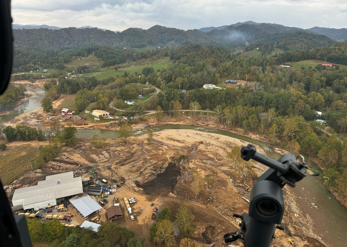 A U.S. Air Force rescue team assigned to the 55th Rescue Squadron and 48th Rescue Squadron, forward deployed as the 563rd Personnel Recovery Task Force, pioneer the post Hurricane Helene destruction in North Carolina, Oct. 4, 2024, in support of the U.S. Northern Command and Air Forces Northern, Defense Support of Civil Authorities Disaster Relief mission. Both air and ground crews searched approximately 2400 miles. (Courtesy photo)