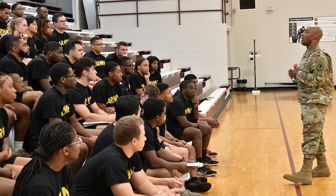 Lt. Gen. Sean A. Gainey, commanding general of U.S. Army Space and Missile Defense Command, addresses Reserve Officers' Training Corps cadets on Oct. 2 at Alabama A&M University’s Frank Lewis Gym during a professional development session. During his visit, Gainey discussed professional development, personal development and selfless service. (U.S. Army photo by Jason B. Cutshaw)