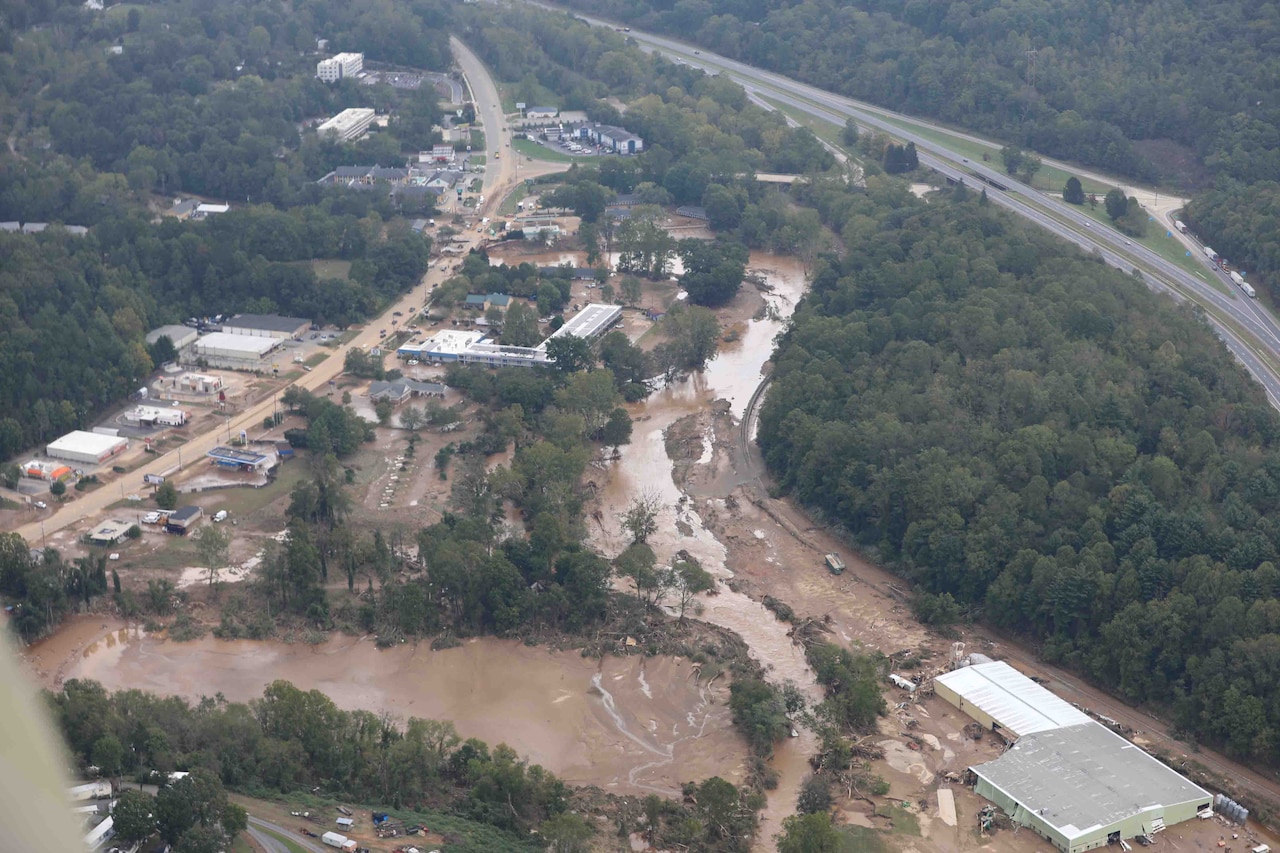 An aerial view of flooding in rural area.