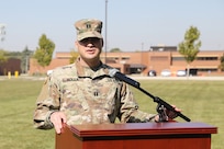 Capt. James Nolla, headquarters and headquarters company commander, 85th U.S. Army Reserve Support Command, gives remarks to the Soldiers and official guests during an assumption of command ceremony on Sunday, October 6, 2024, at the Paul G. Schulstad Army Reserve Center in Arlington Heights, Illinois.