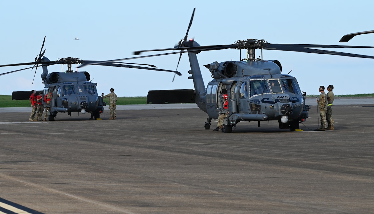 U.S. Air Force pararescuemen assigned to the 48th Rescue Squadron, forward deployed as the 563rd Personnel Recovery Task Force, pack supplies at McGhee Tyson Air National Guard Base, Tennessee, Oct. 3, 2024, in support of the U.S. Northern Command and Air Forces Northern, Defense Support of Civil Authorities Disaster Relief mission. USNORTHCOM’s support of lead federal agencies in the aftermath of a natural disaster remains a core mission that directly bolsters the homeland defense enterprise while delivering rapid relief to American citizens in times of great need. (U.S. Air Force photo by Staff Sgt. Abbey Rieves)