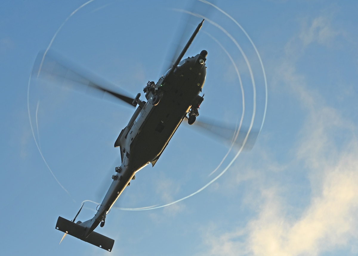 An HH-60W Jolly Green II helicopter assigned to the 55th Rescue Squadron, forward deployed as the 563rd Personnel Recovery Task Force, prepares to land at McGhee Tyson Air National Guard Base, Tennessee, Oct. 2, 2024, in support of the U.S. Northern Command and Air Forces Northern, Defense Support of Civil Authorities Disaster Relief mission. Rescue assets from Davis-Monthan Air Force Base, Arizona practiced rescue and recovery operations to serve residents impacted by Hurricane Helene. (U.S. Air Force photo by Staff Sgt. Abbey Rieves)