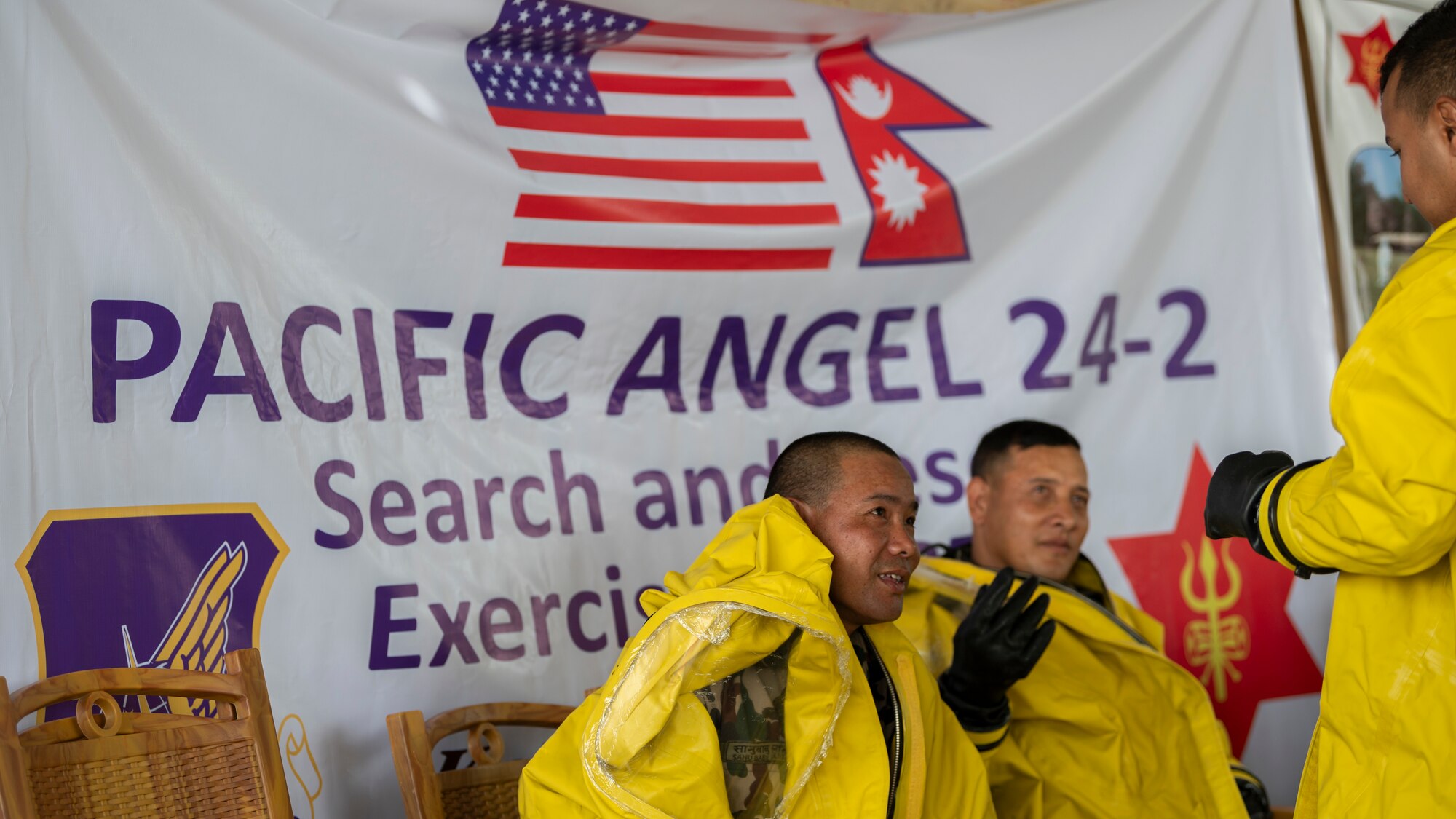 Nepali Army members await care after a simulated hazardous material emergency during Pacific Angel 24-2 in Kathmandu, Nepal, Sept. 17, 2024.