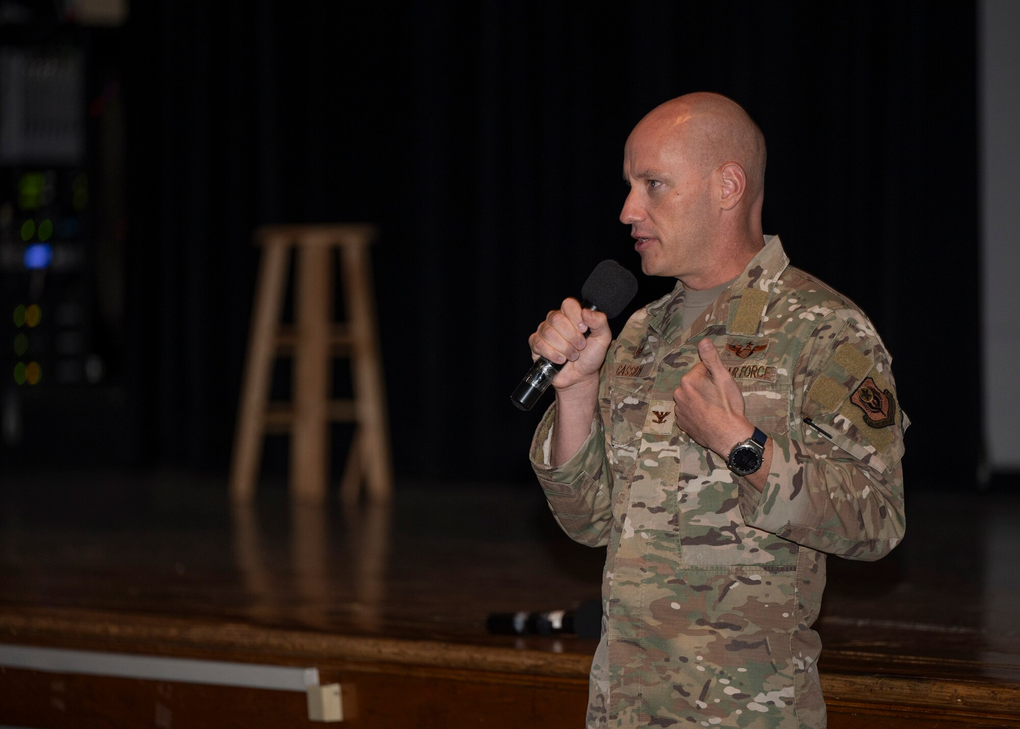 U.S. Air Force Col. Brett Cassidy, 11th Air Task Force commander, answers questions during an 11 ATF all call at Davis-Monthan Air Force Base, Arizona, Oct. 1, 2024. Cassidy answered multiple questions regarding the future of the 11 ATF.  (U.S. Air Force photo by Airman 1st Class William Finn V)