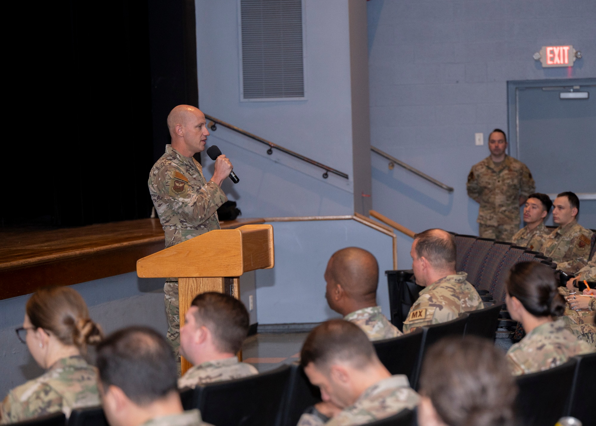 U.S. Air Force Col. Brett Cassidy, 11th Air Task Force commander, speaks during an all call at Davis-Monthan Air Force Base, Arizona, Oct. 1, 2024. Cassidy spoke on the several sections of the 11 ATF and the leadership in each of them. (U.S. Air Force photo by Airman 1st Class William Finn V)