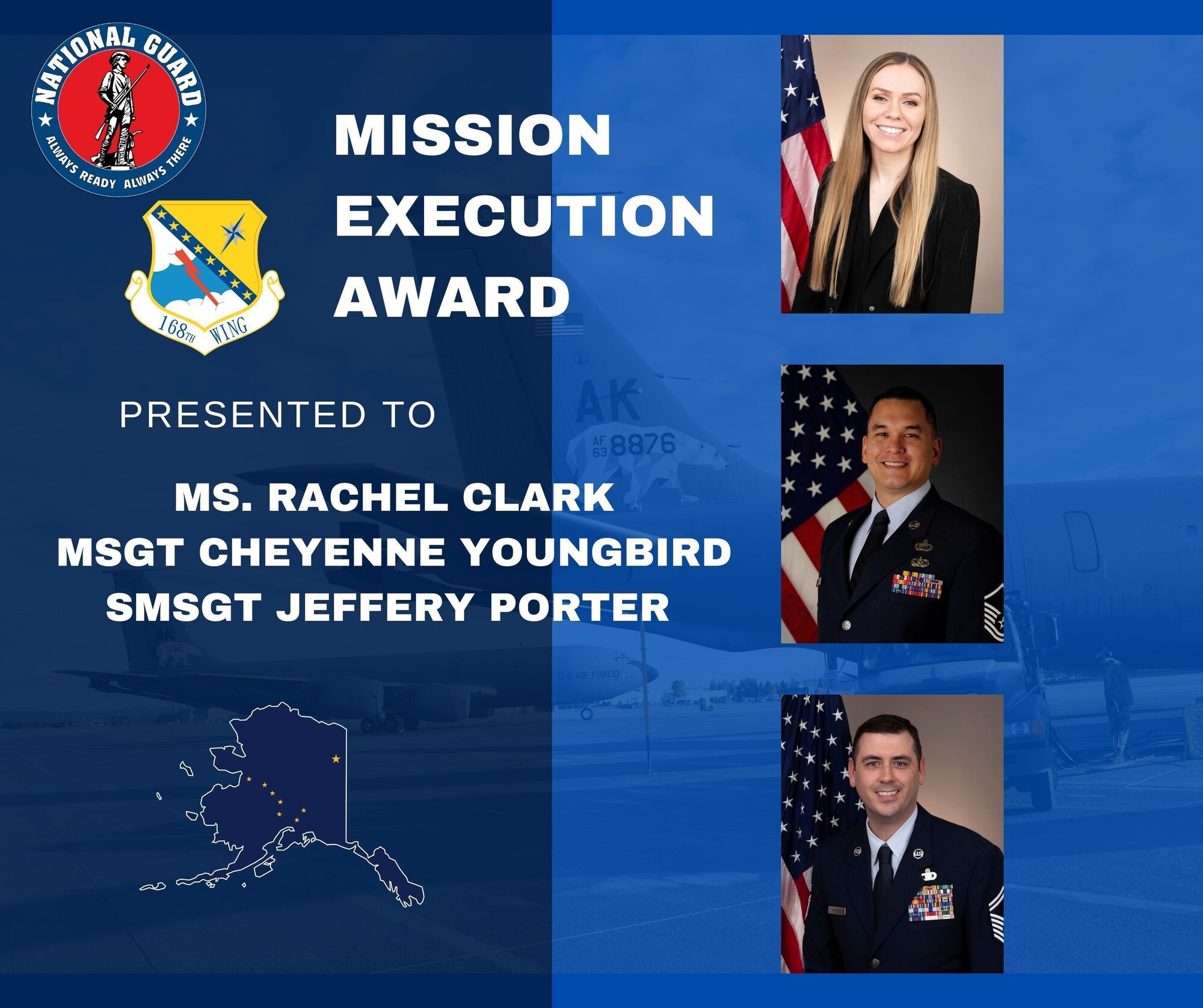 The Alaska Air National Guard 168th Mission Support Contracting Team was amongst this year’s winners of the Mission Execution Team Award in recognition of their exceptional service support to the USPFO-AK, National Guard Bureau, which effectively increased sustainability.
