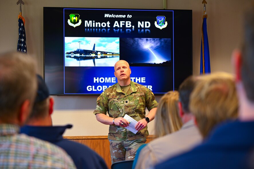 U.S. Air Force Lt. Col. Ronald Feeser, 5th Bomb Wing (5BW) chaplain, delivers a speech during the 5 BW Chaplain Corps Clergy Day tour at Minot Air Force Base, North Dakota, Oct. 2, 2024. Feeser spoke to local religious leaders about the importance of their impact on Airmen.