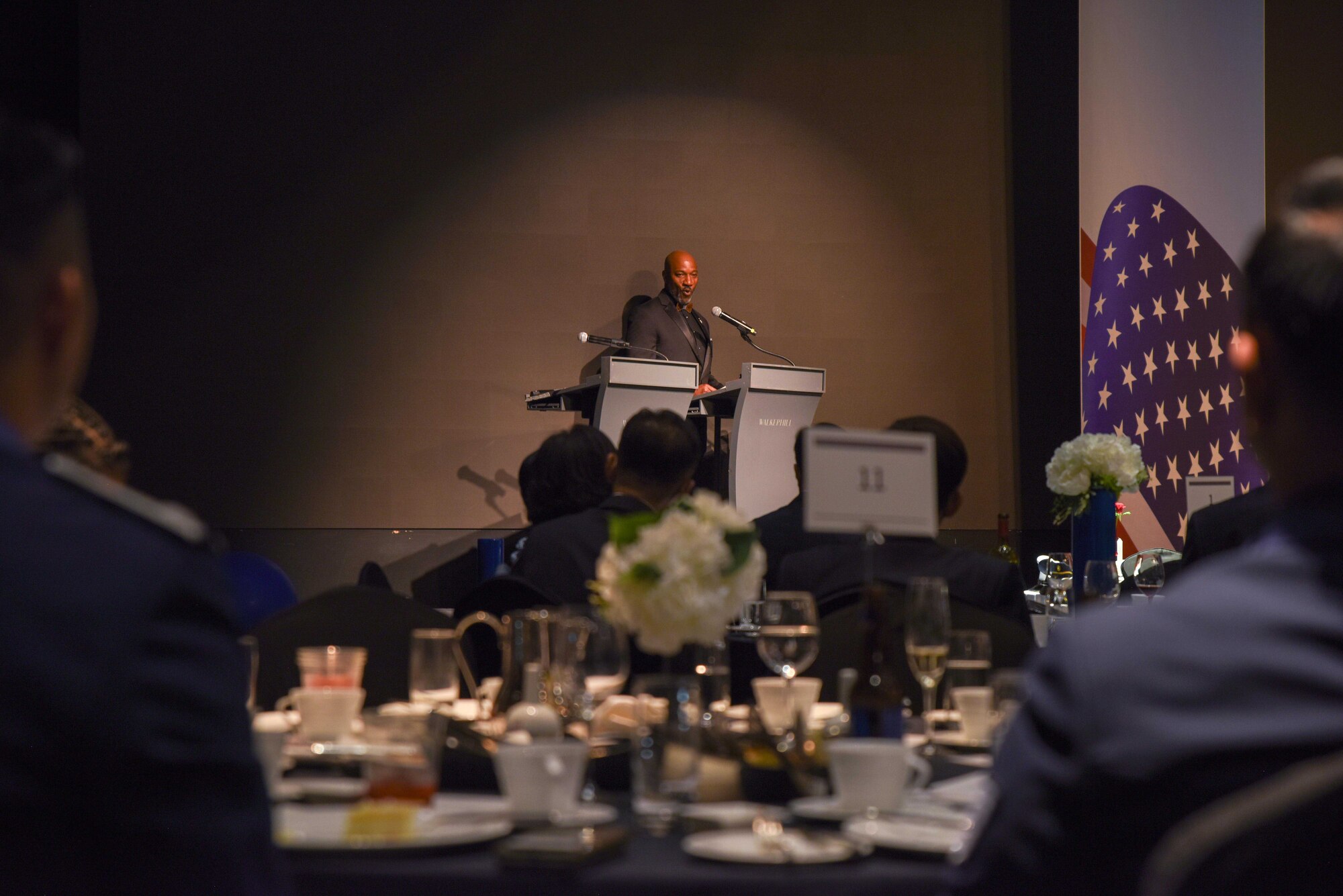 Retired Chief Master Sergeant of the Air Force Kaleth O. Wright gives keynote remarks during 7th AF’s Peninsula Wide AF Ball at the Grand Walkerhill Hotel in Seoul, Republic of Korea, Oct. 4, 2024. In honor of the Year of the Blue Dragon, one of the ball’s themes, Wright broke down what the symbol represents and shared lessons learned from his 34 years of service. (U.S. Air Force photo by Staff Sgt. Kahdija Slaughter)