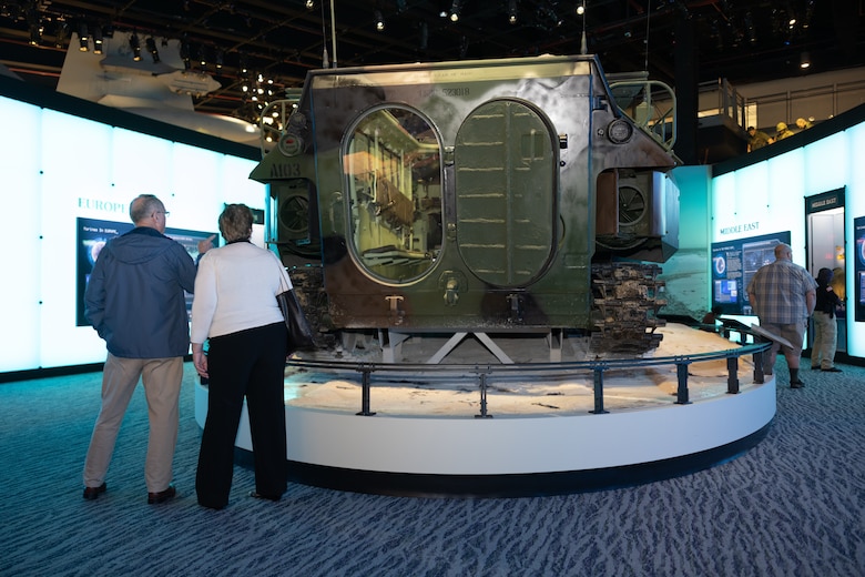 Civilians look at displays at the National Museum of the Marine Corps in Triangle, VA, Oct 6, 2024. 2024.  The National Museum of the Marine Corps opened the new Forward Deployed and Iraq & Afghanistan galleries to the public.