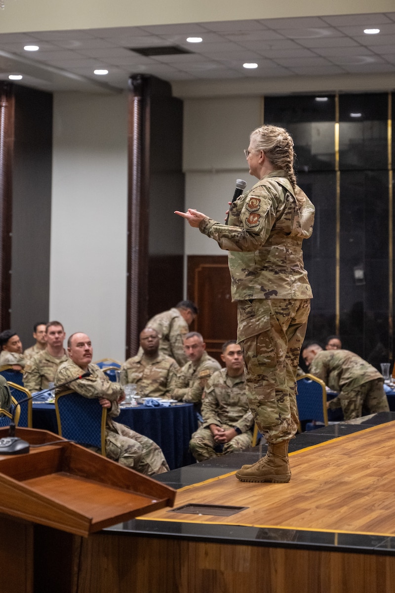 U.S. Air Force Chief Master Sgt. Stephanie Cates, Third Air Force command chief, speaks to members of the 39th Air Base Wing during a base visit to Incirlik Air Base, Türkiye, Oct. 3, 2024. Cates served as the guest speaker during the wing’s Airman Leadership School graduation ceremony. (U.S. Air Force photo by Senior Airman Vaughn Weber)