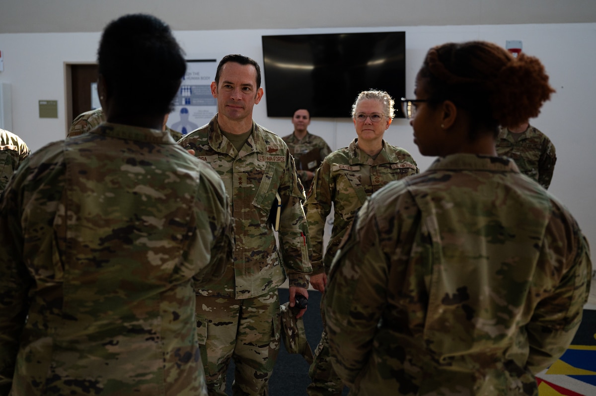 U.S. Air Force Maj. Gen. Paul Moga, Third Air Force commander, and U.S. Air Force Chief Master Sgt. Stephanie Cates, Third Air Force command chief, receive a briefing from Airmen assigned to the 39th Medical Group at Incirlik Air Base, Türkiye, Oct. 3, 2024. The medical team briefed about the Personnel Reliability Program, clinic operations, and check-in procedures. (U.S. Air Force photo by Staff Sgt. Suzie Plotnikov)