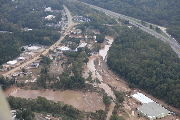An aerial view of flooding in rural area.