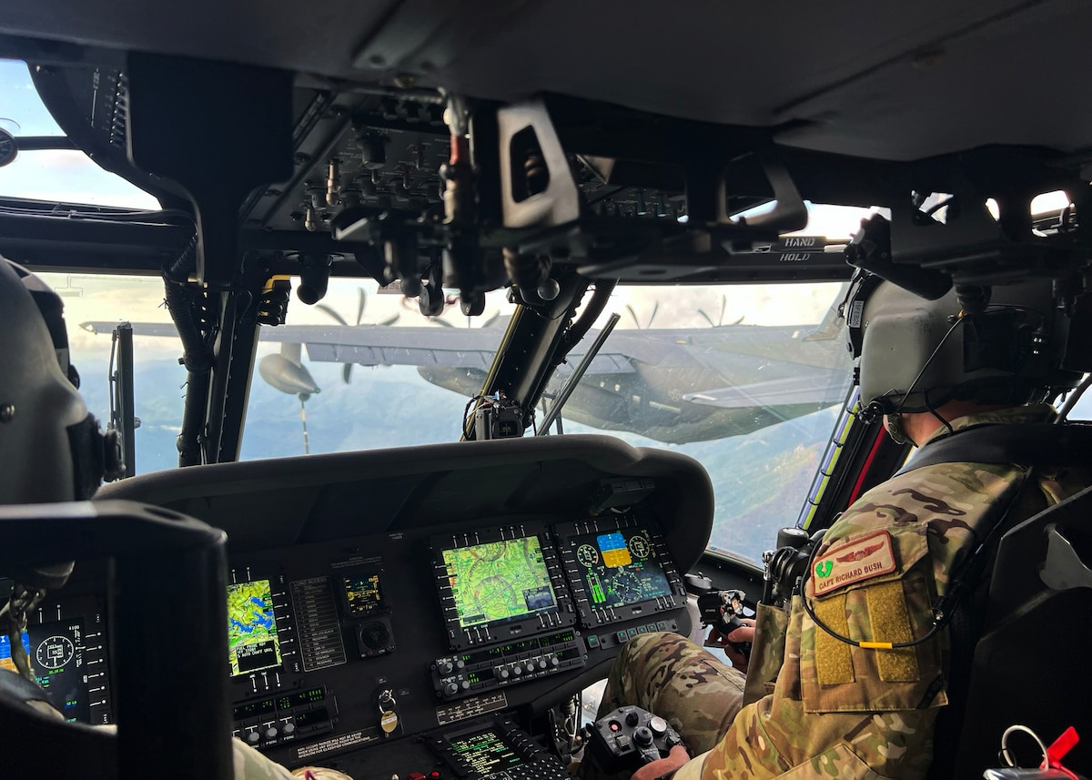 HH-60W Jolly Green II helicopter forward deployed as the 563rd Personnel Recovery Task Force conducts helicopter air-to-air refueling in North Carolina, Oct. 4, 2024, in support of the U.S. Northern Command and Air Forces Northern, Defense Support of Civil Authorities Disaster Relief mission. The 55th RQS conducts military operations that include civil search and rescue, disaster relief, international aid, emergency medical evacuation and counter-drug activities. (courtesy photo)