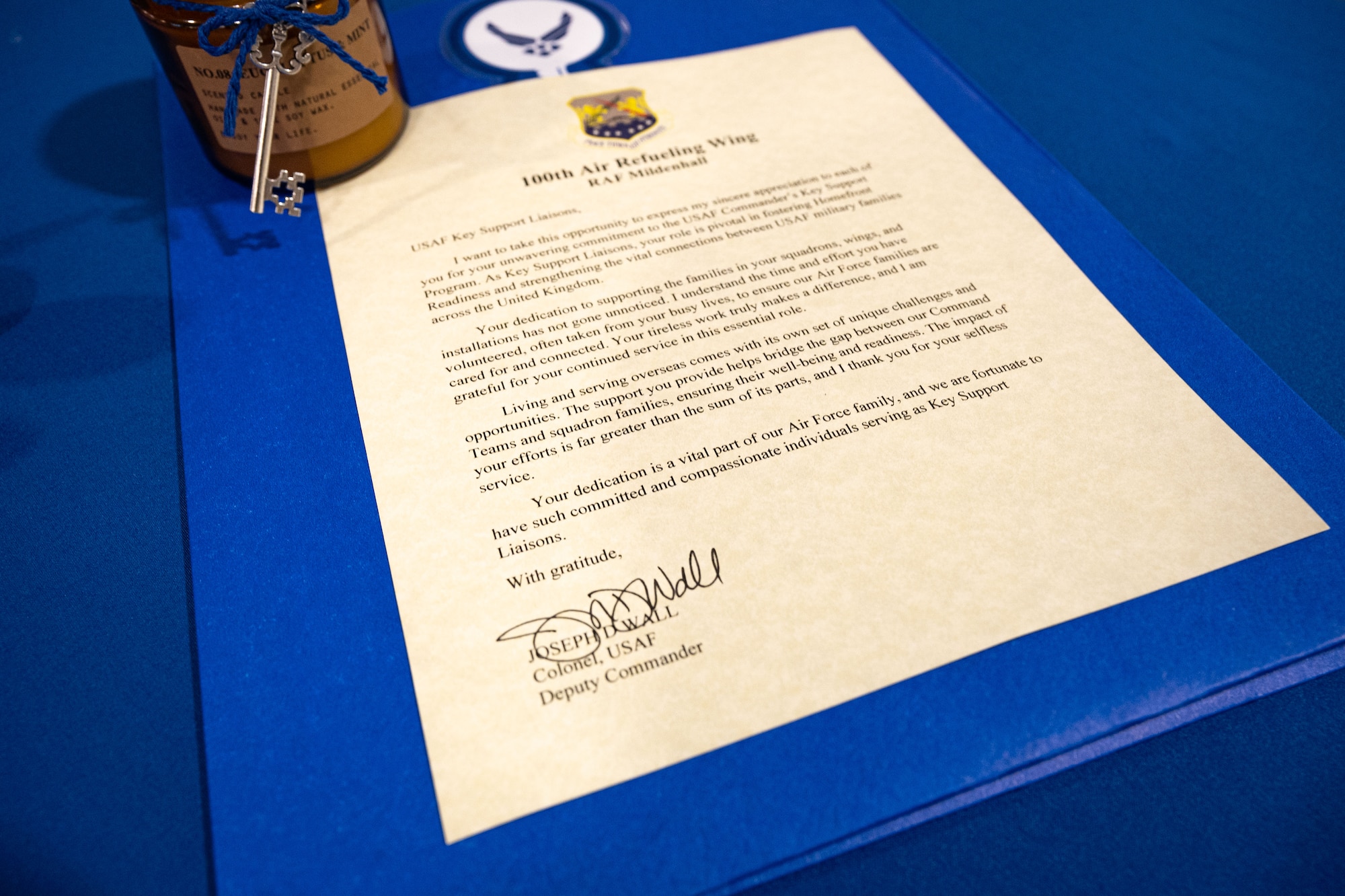 An appreciation letter written by U.S. Air Force Col. Joseph Wall, 100th Air Refueling Wing deputy commander, rests on a desk for each Key Support Liaison’s seat at Royal Air Force Mildenhall, England, Oct. 1, 2024.