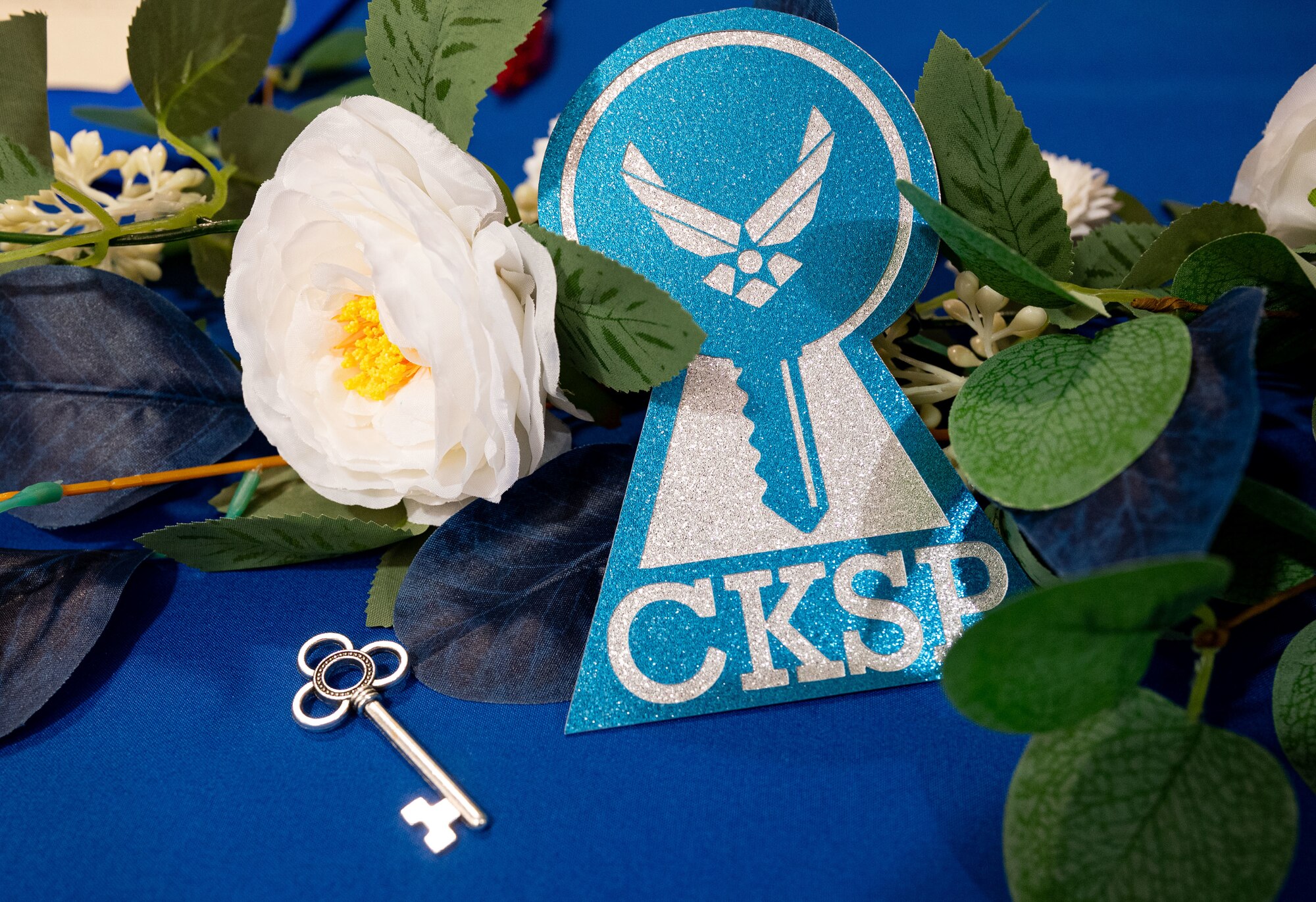 Decor is displayed across the Rosenthal Conference Room in support of the Key Support Liaison Symposium at Royal Air Force Mildenhall, England, Oct. 1, 2024.