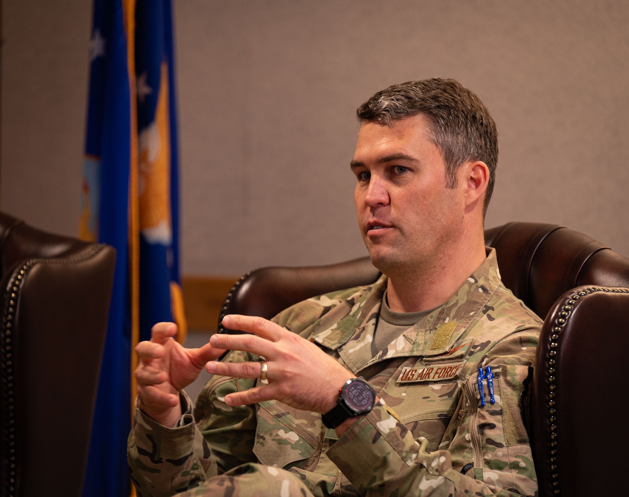 U.S. Air Force Lt. Col. Erik Towal, 7th Special Operations Squadron commander, speaks to attendees at the Key Support Liaison Symposium at Royal Air Force Mildenhall, England, Oct. 1, 2024.