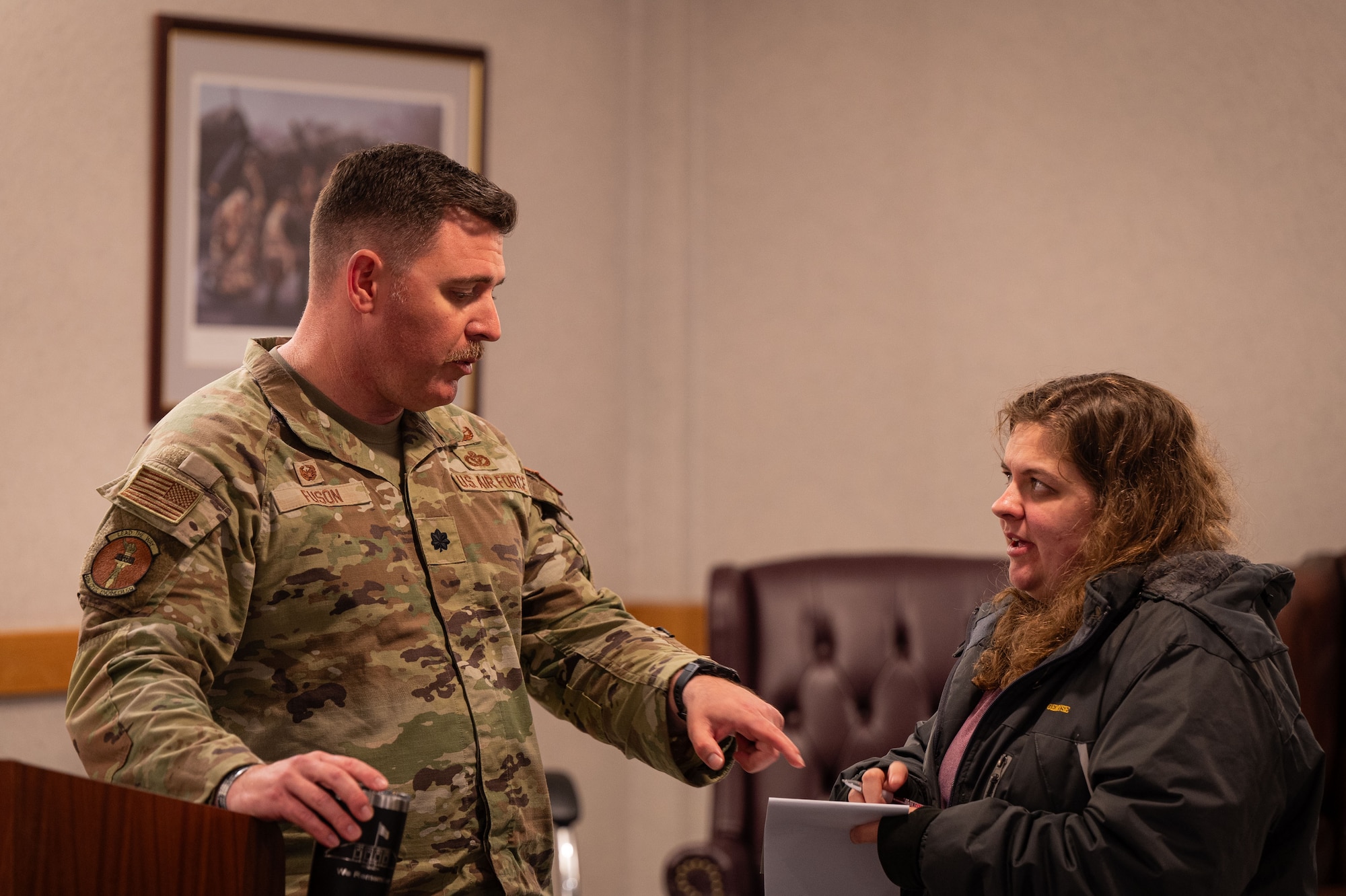U.S. Air Force Lt. Col. John Fuson, 48th Civil Engineer Squadron commander, speaks with a Key Support Liaison at Royal Air Force Mildenhall, England, Oct. 1, 2024.