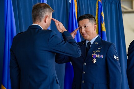 U.S. Air Force Senior Airman Herland Antezana, assigned to the 129th Maintenance Squadron, 129th Rescue Wing, is awarded the Purple Heart medal at Moffett Air National Guard Base, Calif., Oct. 5, 2024. He was one of three California Air National Guard Airmen to receive the Purple Heart for their actions following the January attack on Tower 22 in Jordan.