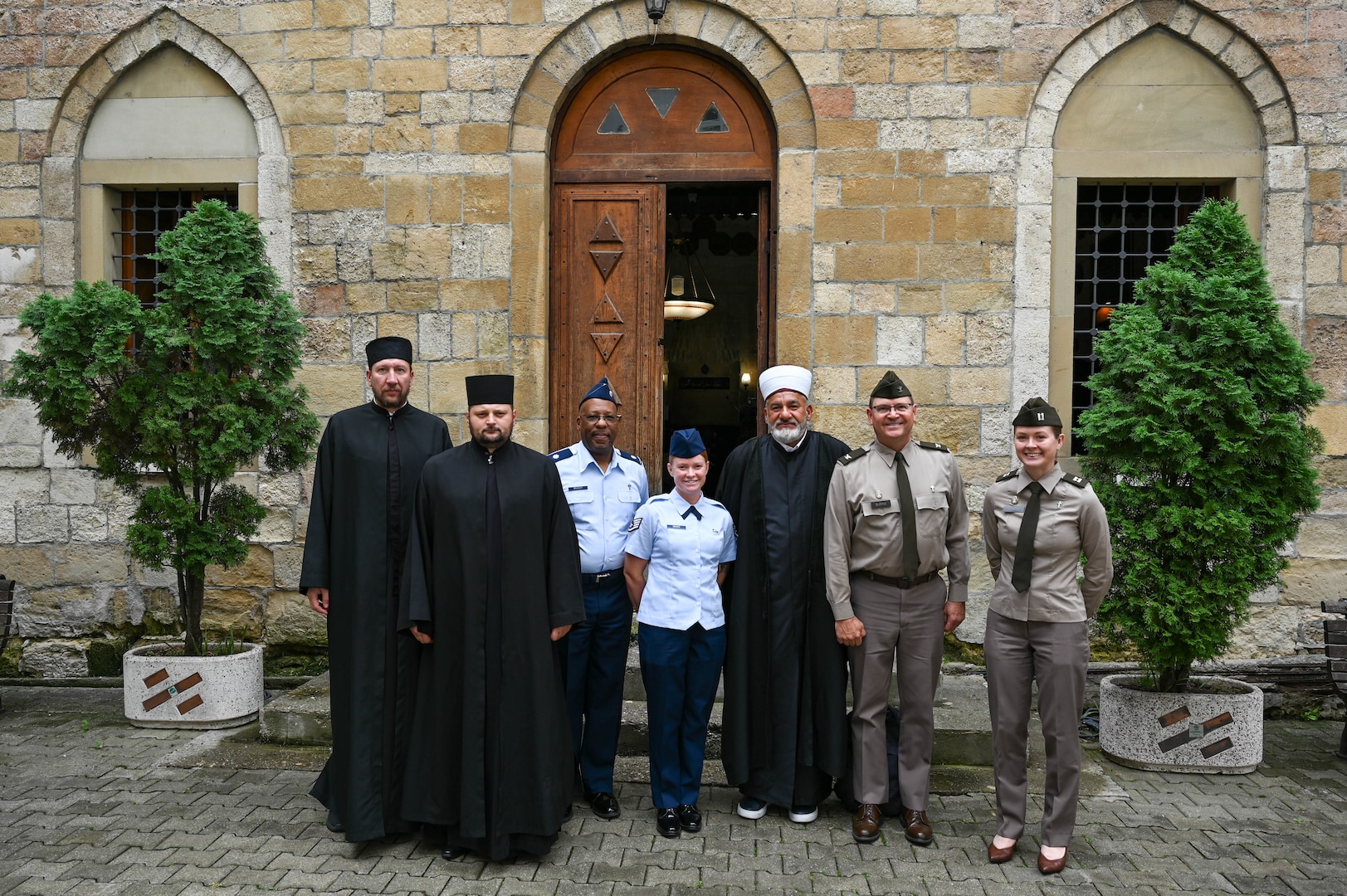 Chaplains from the Ohio National Guard pose with members of the Serbian Armed Forces Chaplaincy outside of the Bajrakli Mosque in Belgrade, Serbia, Sept. 13, 2024. The Ohio National Guard chaplains attended Serbian religious events that promoted learning from one another about how to take care of their service members.