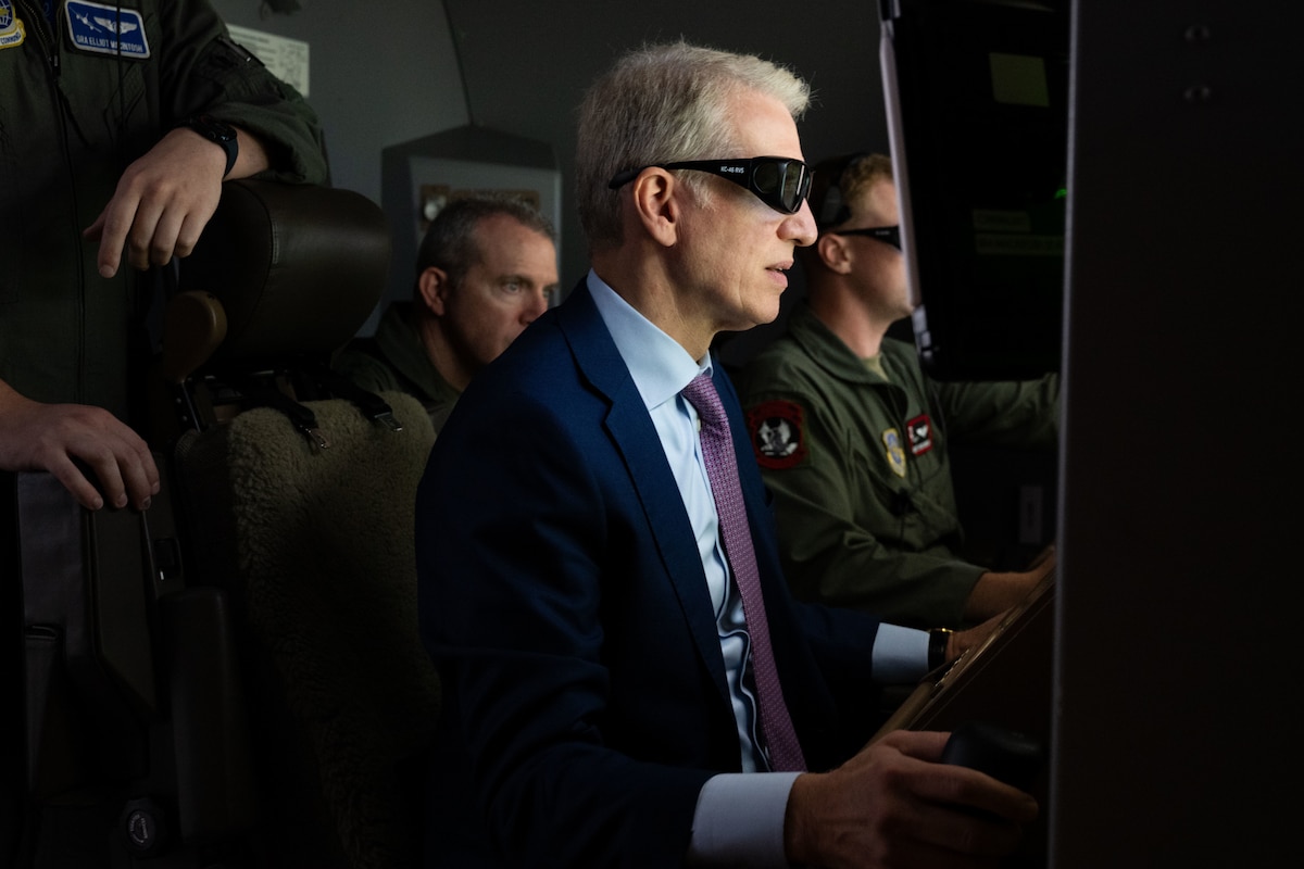 The Honorable Peter J. Beshar, U.S. Department of the Air Force general counsel, and U.S. Air Force Maj. Gen. Charles D. Bolton, 18th Air Force commander, observe air refueling operations on a KC-46A Pegasus aircraft assigned to the 305th Air Mobility Wing during an east coast introductory base tour at Joint Base McGuire-Dix-Lakehurst, N.J., Sept. 26, 2024. The senior leaders concluded their regional tour with the ‘Can Do’ wing as they visited several bases for the first time since taking command, while Beshar joined the team at JB MDL to gain more insight about the 305th AMW’s KC-46 fleet and what the jet provides in comparison to legacy tankers. (U.S. Air Force photo by Staff Sgt. Monica Roybal)