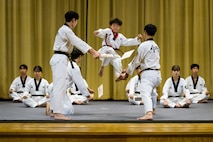 The South Korean Taekwondo team performs a demonstration at Hill Air Force Base, Utah, Oct. 10, 2024. The event celebrated the 71-year alliance between the United States and South Korea, marked by Utah Governor Spencer Cox declaring Oct. 12, 2024, as Utah Korea-U.S. Alliance Day. The team demonstrated their martial arts skills for the audience. (U.S. Air Force photo by R. Nial Bradshaw)
