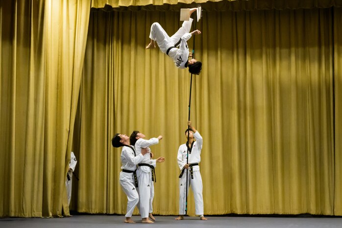 The South Korean Taekwondo team performs a demonstration at Hill Air Force Base, Utah, Oct. 10, 2024. The event celebrated the 71-year alliance between the United States and South Korea, marked by Utah Governor Spencer Cox declaring Oct. 12, 2024, as Utah Korea-U.S. Alliance Day. The team demonstrated their martial arts skills for the audience. (U.S. Air Force photo by R. Nial Bradshaw)