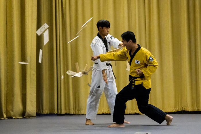 The South Korean Taekwondo team performs a demonstration at Hill Air Force Base, Utah, Oct. 10, 2024. The event celebrated the 71-year alliance between the United States and South Korea, marked by Utah Governor Spencer Cox declaring Oct. 12, 2024, as Utah Korea-U.S. Alliance Day. The team demonstrated their martial arts skills for the audience. (U.S. Air Force photo by R. Nial Bradshaw)
