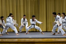 The South Korean Taekwondo team performs a demonstration at Hill Air Force Base, Utah, Oct. 10, 2024. The event celebrated the 71-year alliance between the United States and South Korea, marked by Utah Governor Spencer Cox declaring Oct. 12, 2024, as Utah Korea-U.S. Alliance Day. The team demonstrated their martial arts skills for the audience. (U.S. Air Force photo by R. Nial Bradshaw)