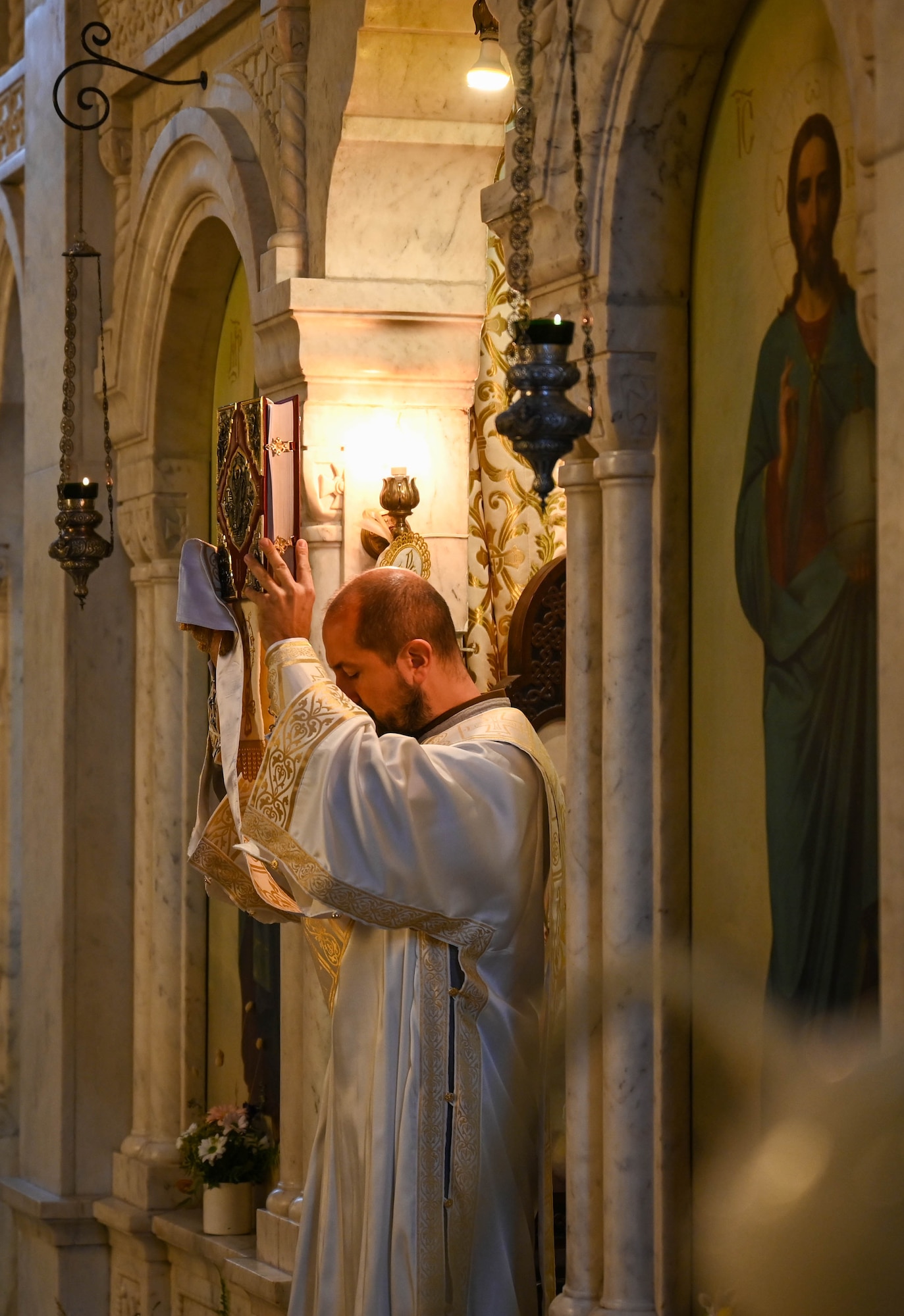 A Serbian orthodox priest presides over liturgy at the St. Alexandar Nevsky Serbian Orthodox Church in Belgrade, Serbia, Sept. 15, 2024. The Ohio National Guard chaplains and religious affairs specialists were special guests at the service. (U.S. Air National Guard photo by Airman 1st Class Josh Kaeser)