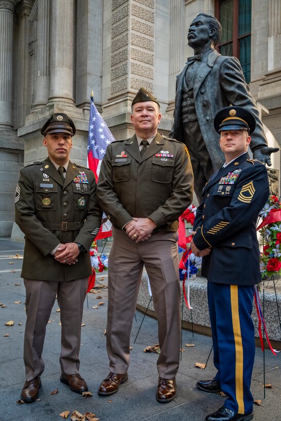 U.S. Army Brig. Gen. John Pippy, director of the joint staff of the Pennsylvania National Guard, Pennsylvania National Guard member Master Sgt. John Shaw, 28th Expeditionary Combat Aviation Brigade Senior Human Resources NCO, and Master Sgt. Figueroa, Recruiting and Retention NCO for team Philadelphia, stands for a photo after accepting the Major Octavius V. Catto Medal at The Union League of Philadelphia, October 5, 2024. Catto was a Civil War-era Pennsylvania militia officer who was killed in Philadelphia in 1871 while on duty defending African-Americans at polling places from those who opposed their right to vote. An annual award in his name is given to Pennsylvania National Guard members who distinguish themselves as leaders through community support and public service. (Pennsylvania Air National Guard photo by Senior Airman Charles Casner)